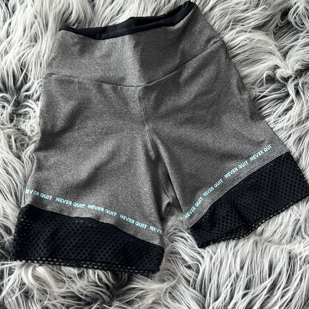 Grey workout high waist biker shorts with mesh detail